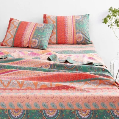 Wake In Cloud - Bohemian Sheet Set, Orange Coral Boho Chic Mandala Medallion Pat - Image 1 of 4