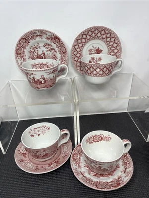 Spode Blue Room Cup Saucers Red Girl at well Botanical Geranium lot - Image 1 of 4