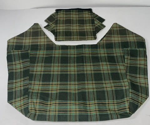 Longaberger Fold Over Basket Liners (3) Green Plaid w/ribbon and Handle Cover Cover