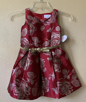 Childrens Place Girls Red/Gold Flower Pattern Dress Size 4 With Gold Belt - Image 1 of 4