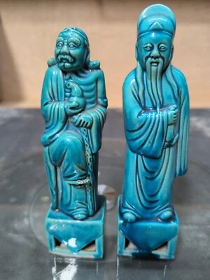 Antique Chinese Turquoise Blue Glaze Ceramic Vintage Deity Scholar Old Mudman — 第 1/4 张图片
