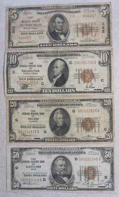 (Lot of 4) Different Vintage 1929 US National Currency/FRBN $5, $10, $20 and $50 - Image 1 of 2