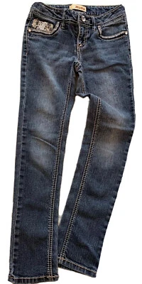 8 Mudd Girls Youth Jeans Denim Contrast Stitch Lace Detail Medium Wash 25" Insea - Image 1 of 4