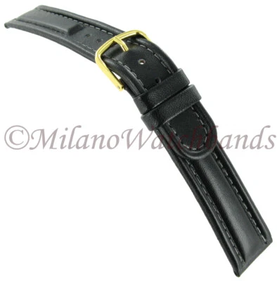 Correa de reloj Hirsch Mustang de 16 mm de cuero genuino negro con costuras grises borde redondo Foto 1 de 3