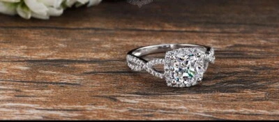 Cushion Cut Engagement Ring in Solid 18k White Gold Forever One Moissanite Halo  - Image 1 of 4