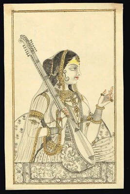 Pintura de mulher indiana de ragini de Raga com instrumento musical 5,5x9 polegadas - Imagem 1 de 4