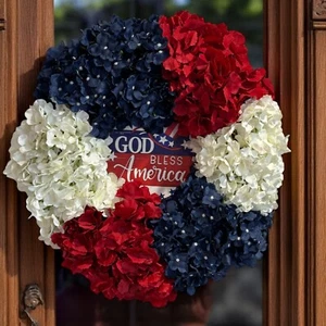 Americana Patriotic Hydrangea Front Door Wreath, God Bless America 4th of July - Picture 1 of 5