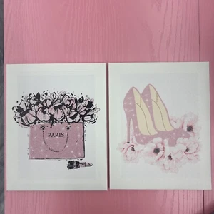Framed Pink Makeup Room Canvas Wall Art Fashion Shoes Perfume Pic 8x10 Set Of 2 - Picture 1 of 5