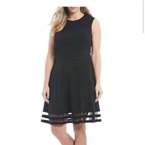 Calvin Klein Black Mesh Illusion Hem Fit Flare Stretch Sleeveless Dress Size 2 - Picture 1 of 12