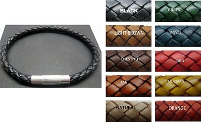 Plata de Ley 925 Tubo Decoración con 5mm Trenzado Italiano Cuero Pulsera Hombre/Mujer  Foto 1 de 4