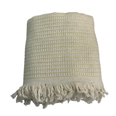 Rachel Ashwell Farmhouse Blanket Throw Yellow Cream Striped Fringe Queen Foto 1 de 4