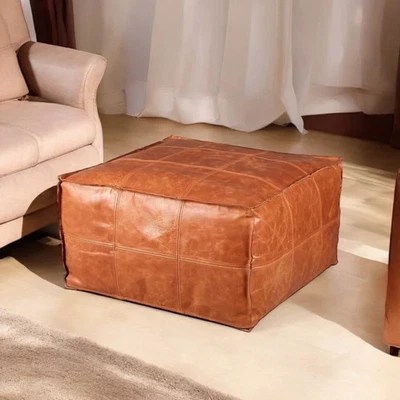 Ottoman Premium looking Leather Moroccan Pouffe Boho Unstuffed - Image 1 of 4