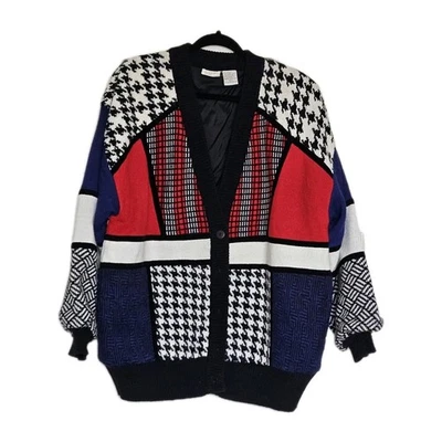 Vtg Bonnie & Bill Print Patchwork Abstract Chunky Knit Sweater Cardigan Jacket L - Image 1 of 4