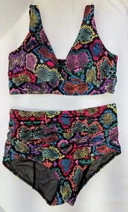 Costume da bagno Torrid 2 pezzi taglie forti 2X serpente lucido increspato vita alta bello - Foto 1 di 14