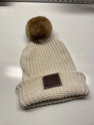 Love Your Melon Beanie Hat Cuff Patch Ivory Natural Pom Pom Removable - Image 1 of 4