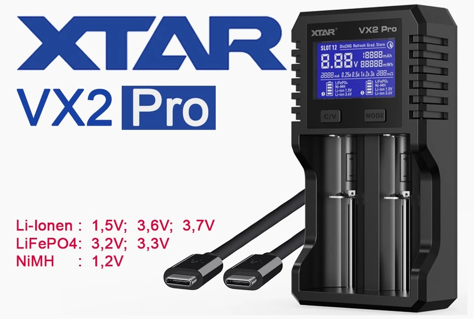 Xtar VX2 Pro – Univer. Ladeg. f. 1,5V; 3,6-3,7V Li-Ion; 3,2V LiFePO4 & 1,2V NiMH - Bild 1 von 1