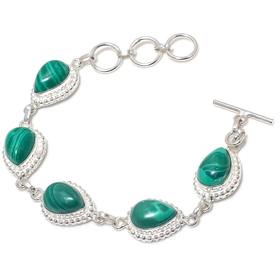 Браслет ручной работы из стерлингового серебра 925 пробы с зеленым малахитом и драгоценными камнями размер 7-8"" - Изображение 1 из 1