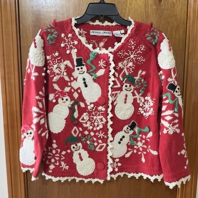 Cárdigan suéter tejido rojo Michael Simon 1994 vintage muñeco de nieve para mujer talla 1 lindo Foto 1 de 4