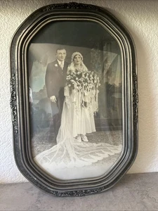 Original Antique Wedding Photo Hand-Colored-Ornate Silvertone Frame 18x12 - Picture 1 of 14