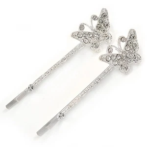 2 Rhodium Plated Austrian Crystal Butterfly Hair Grips/ Slides - 60mm Across - Picture 1 of 3