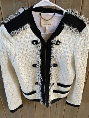 Chaqueta Blazer Rebecca Taylor Blanca Negra Lana Tweed Flecos Estilo Militar Talla 6 Foto 1 de 3