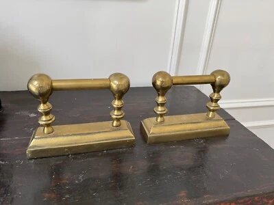 STURDY PAIR OF VICTORIAN BRASS ANDIRONS OR FIRE DOGS TOOL RESTS 6” TALL - Image 1 of 4