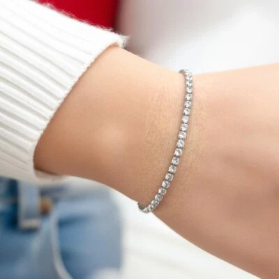 Elegante pulsera de tenis de plata de 3 mm de cristal brillante para mujer joyería regalo para ella Foto 1 de 4