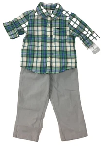 Carter's Boy's 2-Piece Set Cotton Green Plaid Button Down Shirt Gray Pants 18M - Picture 1 of 3