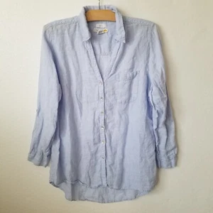 C & C California Womens L 100% Linen Button Up Blouse Long Slv Perrywincle Blue - Picture 1 of 7