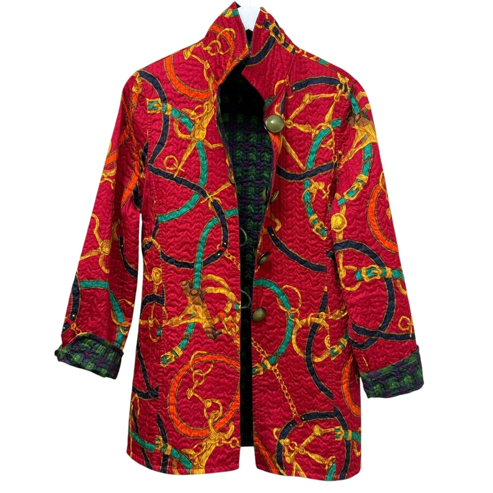 Chaqueta acolchada reversible mediana roja eslabones azul verde a cuadros preppy artística para mujer Foto 1 de 4