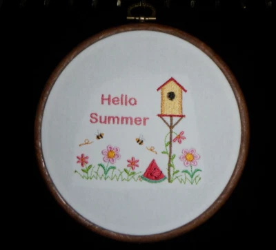 EMBROIDERY SUMMER SEASON, HAND/MACHINE MADE IN USA. IN 6" ROUND FRAME - Image 1 of 2
