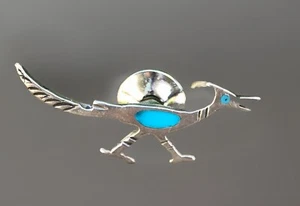 Vintage Turquoise Roadrunner Brooch Pin Silver Hat Pin - Picture 1 of 11