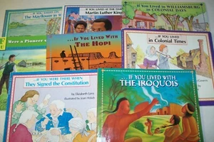 8 PC. SET IF YOU LIVED ...WILLIAMSBURG/PRAIRIE/ HOPI/IROQUOIS/COLONIAL TIMES/MAY - Imagen 1 de 6