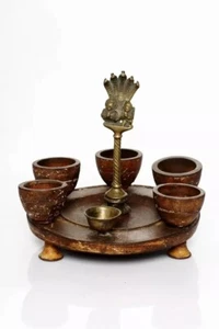 Vintage Rare Wooden Bowl Plate Hindu Ritual Lord Statue Temple Oil Lamp - Picture 1 of 3