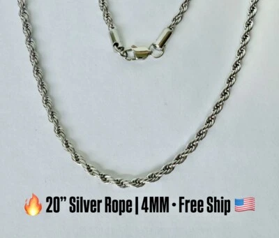 Silver Rope Chain Necklace 20” | 4MM Twisted | Stainless Steel | Mens Bling - Image 1 of 4