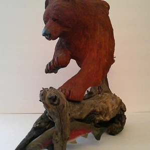 Hand-Carved Wooden Grizzly Bear & Salmon on Driftwood Large Artist Signed Vtg - Picture 1 of 11