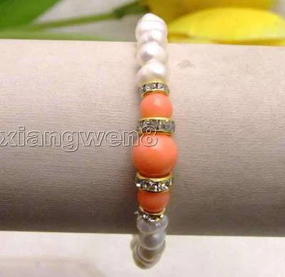 Pulsera de perlas blancas naturales de 6-7 mm para mujer con coral rosa redondo 7,5" b291 Foto 1 de 4