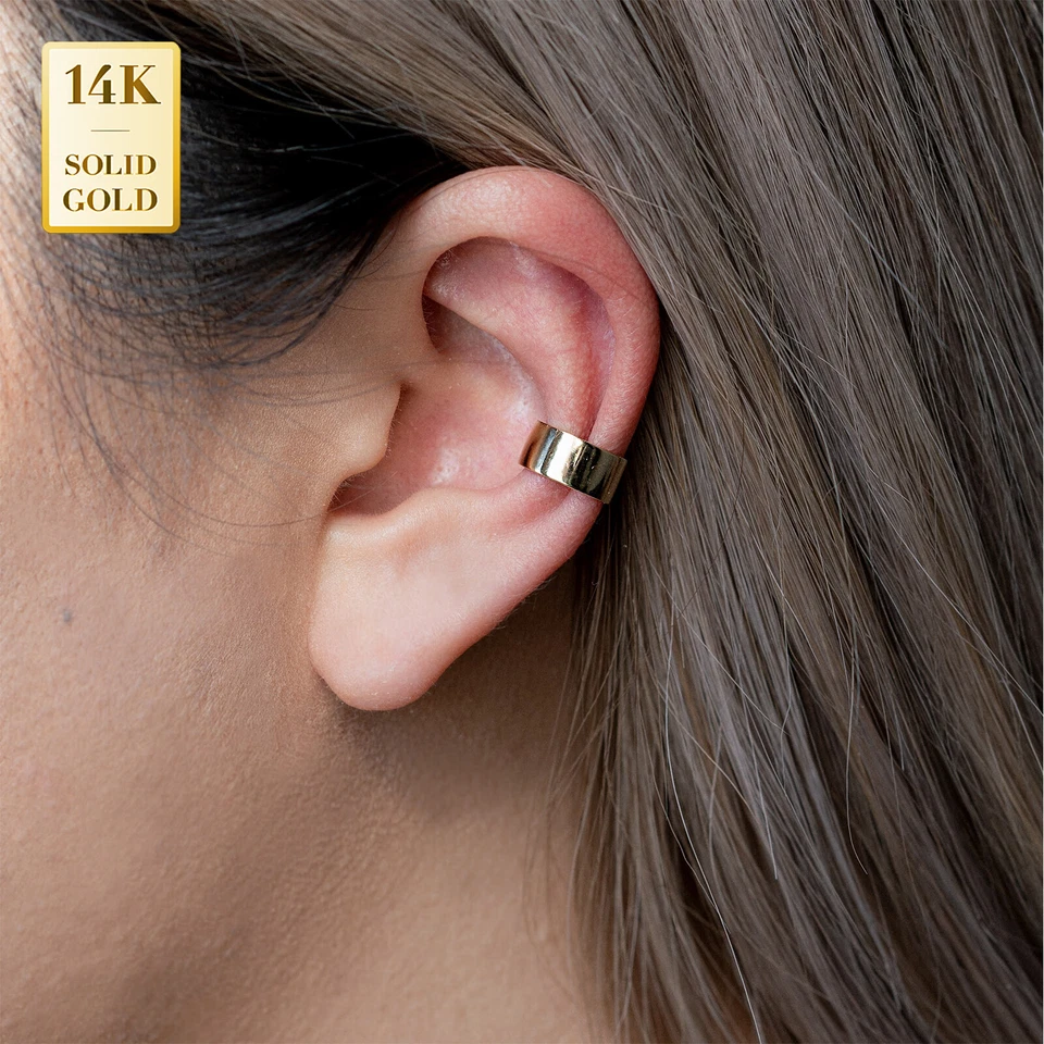 Anel de ouro maciço 14K REAL extra largo ousado grosso minimalista e auricular hélice concha - Imagem 1 de 1