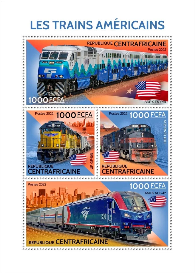 USA Trains American Trains MNH Stamps 2022 Central African Republic M/S - Image 1 of 1