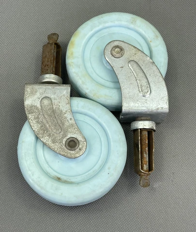 2 vintage plastic furniture casters - 1.5” pin & 2.75" diameter blue  wheels Cover
