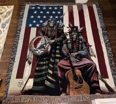 Винтажный плед GRAIL Native Dead Grateful Skulls сплетенный американский флаг Инди - Изображение 1 из 2