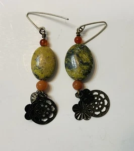 Moss Agate Green Jasper & Metal Dangle Earrings - Picture 1 of 3