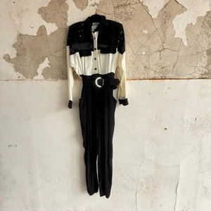 Vintage Jumpsuit Western Sequined Belted Black White 90s Rodeo Glam Womens M  - Picture 1 of 10