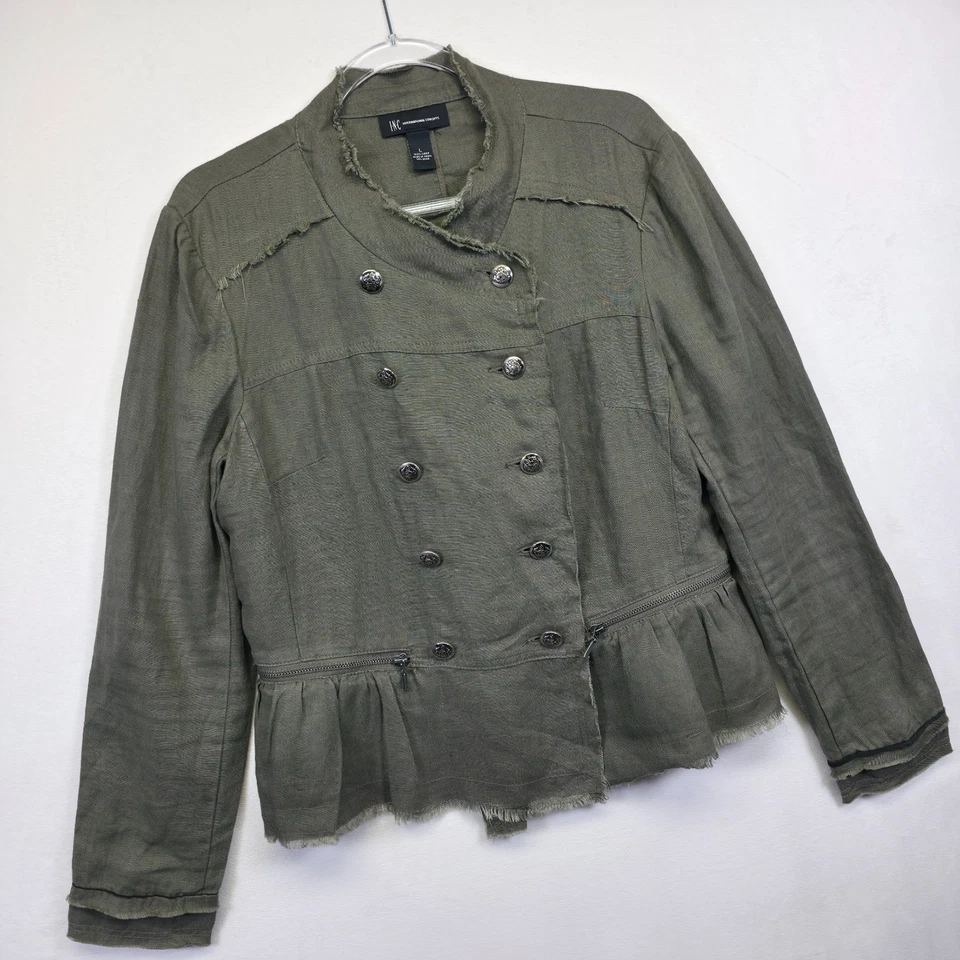 Chaqueta INC Mujer L Verde Doble Pecho Lino Dobladillo Crudo Militar Utilidad Boho Foto 1 de 4