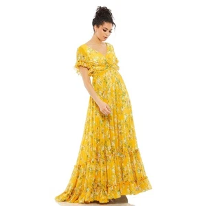 Mac Duggal 67933 Yellow Floral Print V-Neck Short Sleeve Maxi Dress Size 12 - Picture 1 of 7