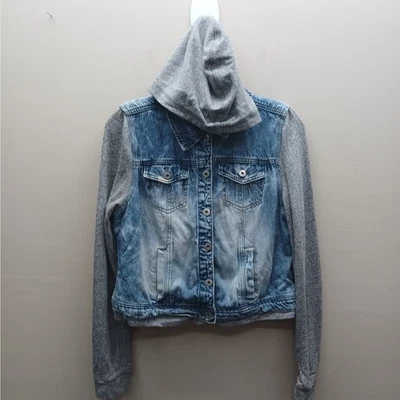 Vintage L.E.I. Denim Hooded Long Fleece Sleeves Jacket Size Large Y2K Grunge - Image 1 of 4