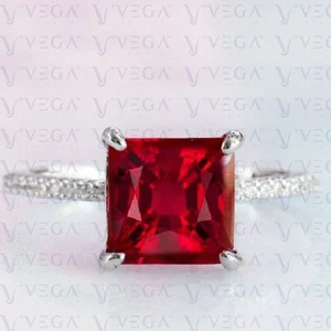 3.70 Ct Princess Cut Natural Ruby and Diamond Wedding Ring 18K White Gold Plated - Picture 1 of 15