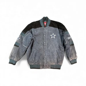 Dallas Cowboys Jacket Mens Large Blue Gray NFL Football Star Patch Suede Bomber - Picture 1 of 13