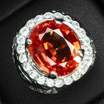 Шикарный закат оранжевый сапфир 7,12 карат 925 пробы белое золото Halo кольца - Изображение 1 из 4