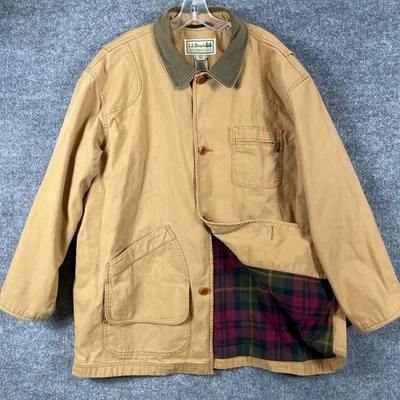 VTG LL Bean Jacket Mens 2XL Beige Barn Field Coat Plaid Lined Corduroy Collar - Image 1 of 4